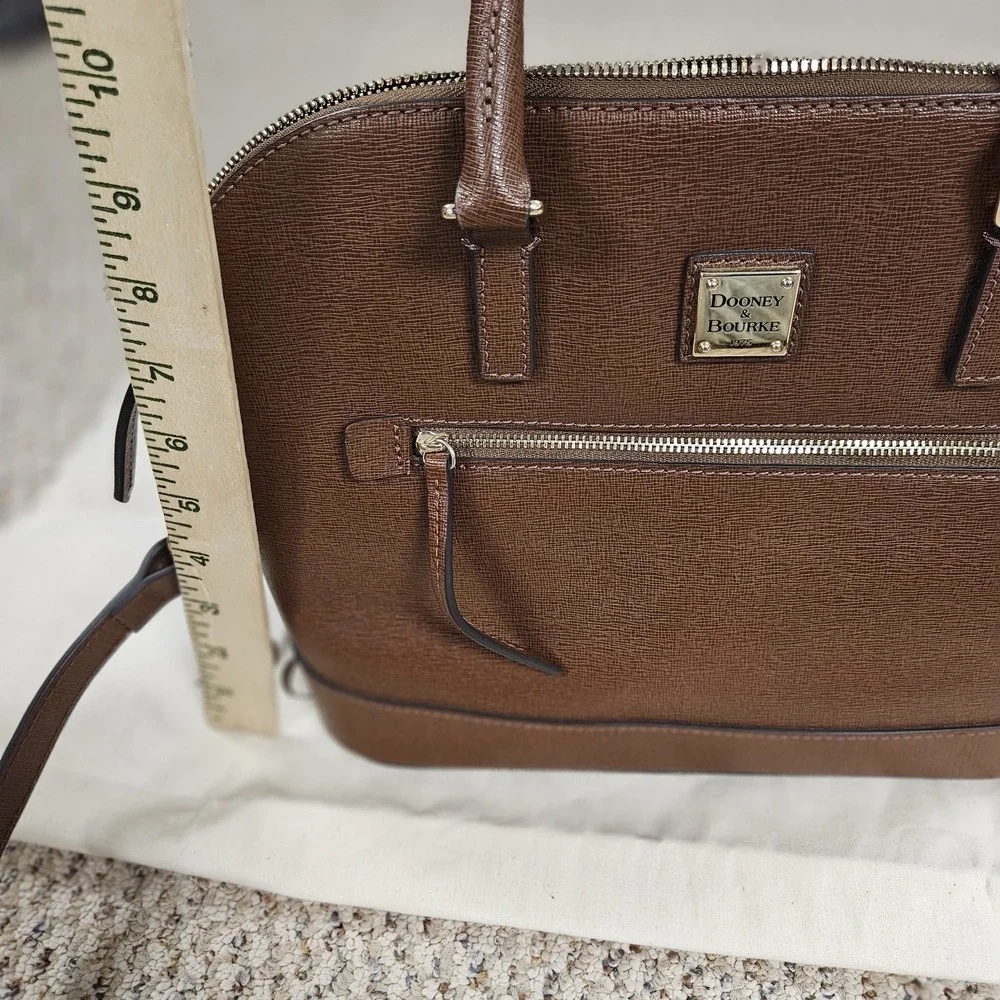 Dooney & Bourke Saffiano Domed Zip‎ Satchel Bag Brown Leather Detachable Strap